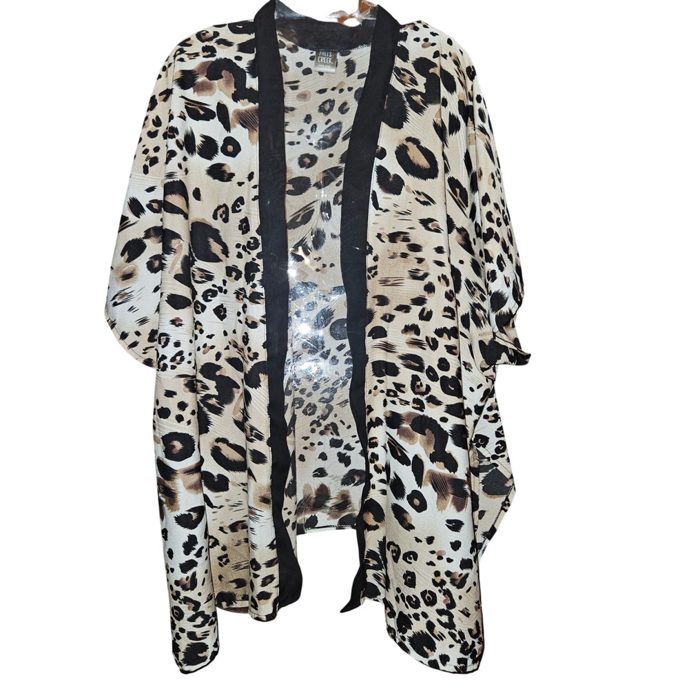Falls Creek Womens Leopard Print Kimono Wrap One Size Tan Black Animal Print Top